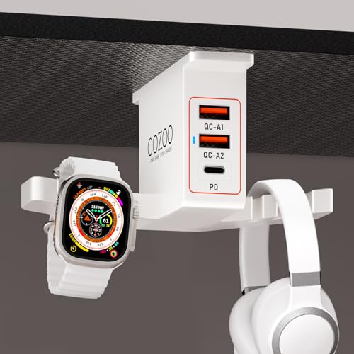 cozoo Headphone Stand with USB Charger (PD & QC3.0) Under Desk Headset Holder Mount 3 USB Charging Station,iWatch Stand Watch Dock Dual Earphone Hanger Hook,PC Accessories Gifts,UL Tested (White) - color: White (PD & QC3.0)