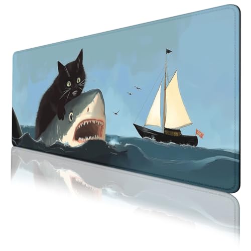 Funny Black Cat Mouse Pad Cute Ocean Shark Sailing Ship Mousepad Extended Large Laptop Keyboard Non-Slip Rubber Base with Stitched Edges for Home 31.5x11.8 in - color: Funny Black Cat, size: 31.5L x 11.8W inches