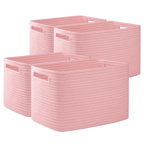 OIAHOMY 4 Pack Storage Baskets for Organizing, Cube Storage Bins for Shelves, Rectangle Storage Baskets With Handles, Woven Baskets for Storage, 12.7''Lx9''Wx7.8''H, Pink - color: Pink, size: 12.7x9x7.8inch
