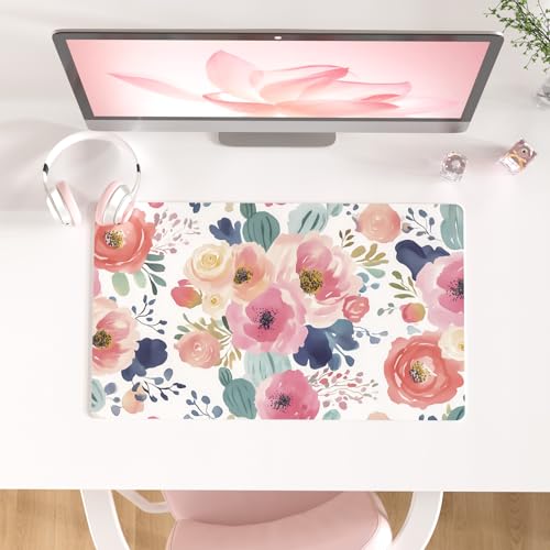 Colorful Star Large Mouse Pad, Pink Floral Desk Mat for Desktop, Women Girls PU Leather Waterproof Gaming Mousepad, Computer PC Laptop Protector Flowers Desk Pads for School Office Home 23.6" x 13.8" - color: Watercolor Pink Flower, size: 23.6L x 13.8W in