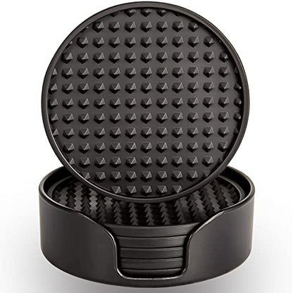 Coasters for Drinks 6 Pcs Drink Plastic Coaster with Holder,Heat Resistant Silicone Cup Mat Tabletop Protection,Non-Slip Rubber Coasters for Kinds of Cups (Black) - color: Black-plastic Holder