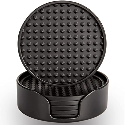 Coasters for Drinks 6 Pcs Drink Plastic Coaster with Holder,Heat Resistant Silicone Cup Mat Tabletop Protection,Non-Slip Rubber Coasters for Kinds of Cups (Black) - color: Black-plastic Holder