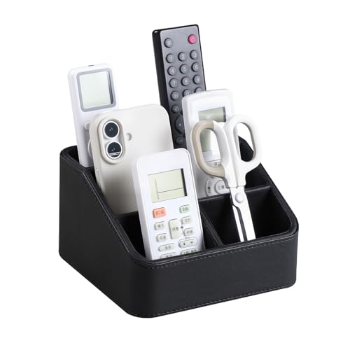 Remote Control Holder, PU Leather Small Desk Organizer with 4 Compartments, Nightstand Organizer Office Desk Accessories Desk Caddy for Countertop Bedside End Table (Black) - color: Black