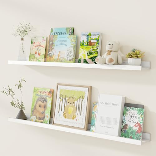 Fun Memories Picture Ledge Shelf, Pine Wood Floating Shelves Set of 2, 48 inch Nursery Book Shelves, Photo Ledge Book Shelves Wall Mounted for Living Room Kids' Room Bedroom - White - color: Usa-sourced Pine Wood White Finish, size: 48in