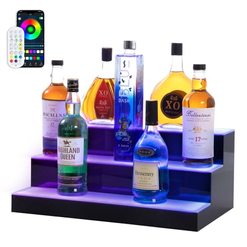 Led Lighted Liquor Bottle Display Shelf, 20 Inch 3 Tier Whiskey Rack, Support USB, Bar Stand with RF Remote & App Control, Illuminated Acrylic Lighting Shelves for 18 Bottles, Home Bar, Party - size: 20" 3 step