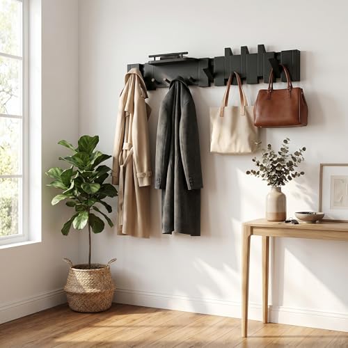 Mid Century Modern Walnut Foldable Entryway Wall Coat Hanger Hook with Shelf,Heavy Duty Wooden Piano Hidden Towel Hooks for Bathroom,Wall Rack for Purse&Key&Mail,Home Decor (Black, 9 Hooks) - color: Black, size: 9 Hooks