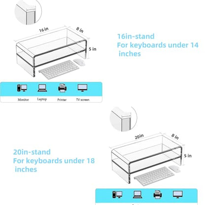 Acrylic Monitor Stand, 2 Tier Riser with Storage Shelf, Clear, 16/20 Inch, Home Office Desk Organizer (20in) - size: 20in