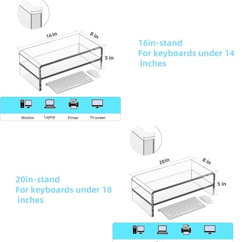 Acrylic Monitor Stand, 2 Tier Riser with Storage Shelf, Clear, 16/20 Inch, Home Office Desk Organizer (16in) - size: 16in