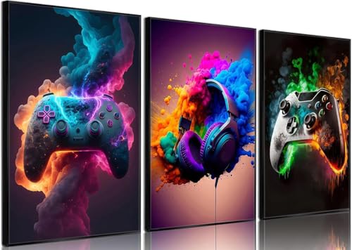 BGFCE Gaming Room Decor - Wall Art Set of 3, Video Gaming Theme, Unframed 12x16in Canvas Posters for Teen Boys Room - color: Colorful Splash Game Posters, size: 16L" x 12W"