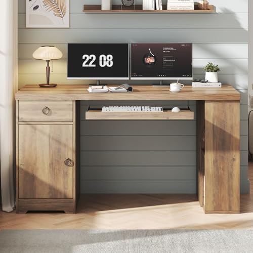 HSH 55" Executive Computer Desk,Farmhouse Home Office Desk with Storage Drawers and Keyboard Tray, Rustic Wood Work Study Writing Pc Table Studio Desks Wooden Workstation with Shelves and Cabinet - color: Rustic Oak