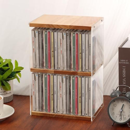 Rainmae CD Holder Desk Rack Organizer, Wooden CD Holder Stand, CD Storage Rack, Game Disc Display CD Organizer Desk Stand Protection Storage Cube, Fit for Theatre Room Collectibles Holds 40 CD Case - size: M
