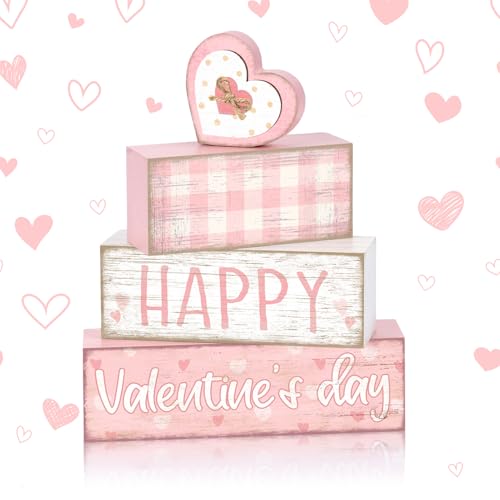 Britimes 4Pcs Valentine’s Day Table Decor Happy Valentine’s Day Pink Heart Tiered Tray Decorations Set Rustic Farmhouse Wooden Stack Block Signs Romantic Tabletop Decor for Table & Home Office Gift - style: Pink Happy Valentine