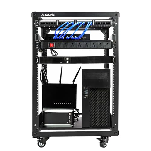 AEONS 20U Open Frame Network Server Rack 19-inch 4 Post AV Rack with Casters for Floor Standing and Wall Mount, Side Load for Extra Depth– Complete Kit with 1U and 2U Vented Shelves, Black - style: 20U-Kit