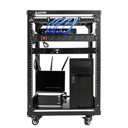 AEONS 15U Open Frame Network Server Rack 19-inch 4 Post AV Rack with Casters for Floor Standing and Wall Mount, Side Load for Extra Depth– Complete Kit with 1U and 2U Vented Shelves, Black - style: 15U-Kit