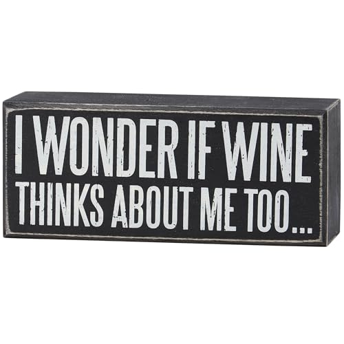 Primitives by Kathy Box Sign, 7-inch, I Wonder If Wine Thinks About Me Too | Wooden Distressed Style | Sassy Bar, Kitchen and Gameroom Decor - Wine Enthusiast Gift