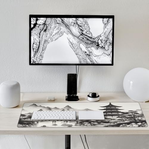 Extra Large Mouse Pad, Chinese Ink Wash Painting Design, 35.4x15.7 Inches, Gaming Keyboard Pad with Stitched Edges and Anti-Slip Rubber Base - color: tower