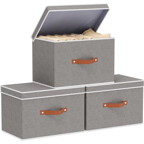 Storage Baskets with Lids and Double Handles, Linen Foldable Storage Bins, 17.7 x 11.8 x 11.8 Inch Closet Organizer Boxes for Laundry Bedroom, Grey, 3-Pack - color: Grey, size: 17.7x11.8x11.8in(3-Pack)