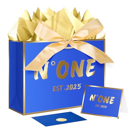 JWSCYSY 1th Blue Birthday Gift Bag with Card, Tissue Paper and Ribbon for Baby Boys First Birthday Party Favor, Presents Wrapping (12.6" EST 2025) - color: 1TH