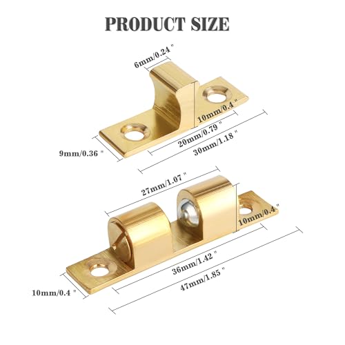 Alise Double Roller Catch Cabinet Latches,Adjustable Double Ball Tension Roller Catch Latch Brass Cabinet Door Latch,47mm Solid Brass Cabinet Latches and Catches,4 Pcs - color: Gold, size: 47mmX30mm