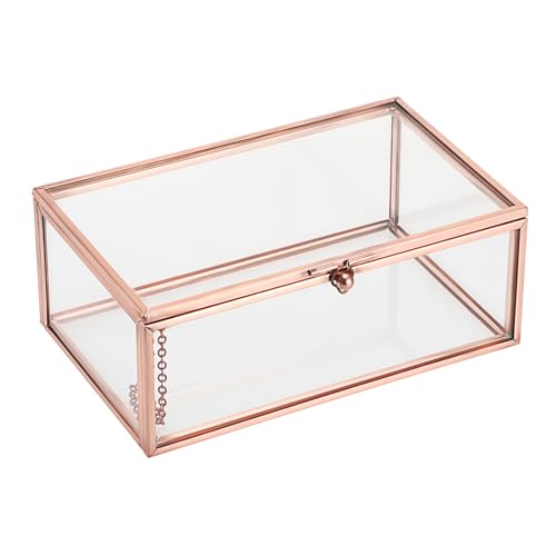 Hipiwe Vintage Glass Keepsake Box Rectangle Jewelry Display Organizer Lidded Box Home Decor Glass Decorative Box for Trinket Rings Earrings Bracelet, Rose Gold, Small - color: Rose Gold, size: Small