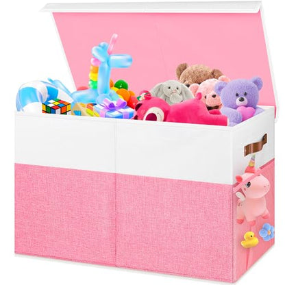 Mabahoo Large Toy Box, Collapsible Sturdy Storage Organize Chest Boxes With Lids, 25"x13"x16" Kids Toy Chest Bin Baskets for Living Room, Bedroom, Nursery, White & Pink - color: White and Pink