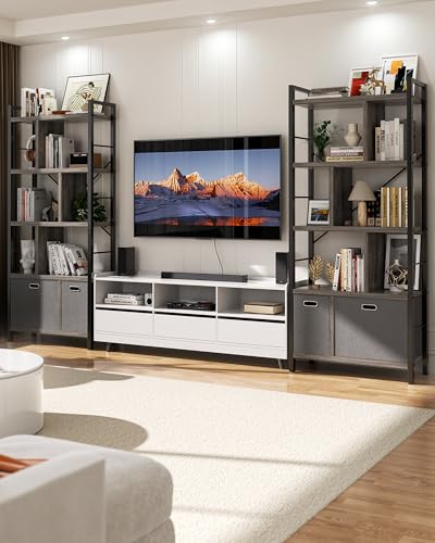 Armocity Bookshelf with Drawers - 5 Tier Tall Bookcase Geometric Modern Book Shelf Display Standing Bookshelves with Storage for Living Room, Bedroom Home Office, Grey Oak - color: Grey Oak