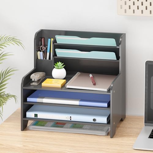 Bamboo Desk Organizer Mail Holder Countertop Letter Tray File Desktop Mail Holder Countertop Organizer for Desktop Letter Sorter Paper File Storage for School Home Office Supplies - color: Black, size: Large
