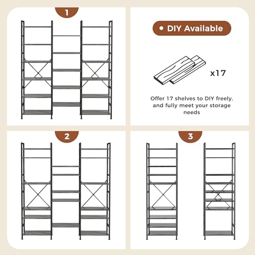 SUPERJARE Triple Bookshelf, Bookcase with 17 Open Display Shelves, Wide Book Shelf Book Case for Home & Office, 6 Tier, Grey - color: Grey, size: 6 Tier