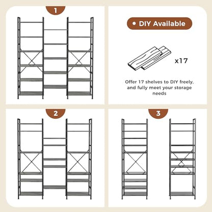 SUPERJARE Triple Bookshelf, Bookcase with 17 Open Display Shelves, Wide Book Shelf Book Case for Home & Office, 6 Tier, Grey - color: Grey, size: 6 Tier