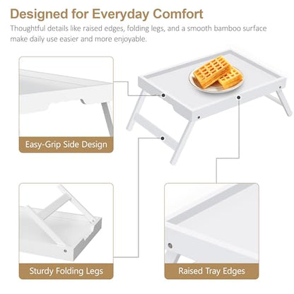 Large Breakfast Tray with Folding Legs Set of 2, 16.9" x 12.2" Bamboo Bed Tray Table with Ergonomic Wave Handles, Foldable TV Dinner Tray for Bed Couch Sofa, Breakfast, Laptop, Coffee,White - color: White, size: Large