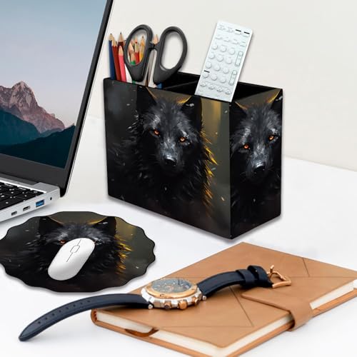 Pen Holder and Anti-Slip Mouse Pad Combination, Makeup Brush Storage Box, Tableware Storage Box, Suitable for Office and Home - Black Wolf - color: Black Wolf