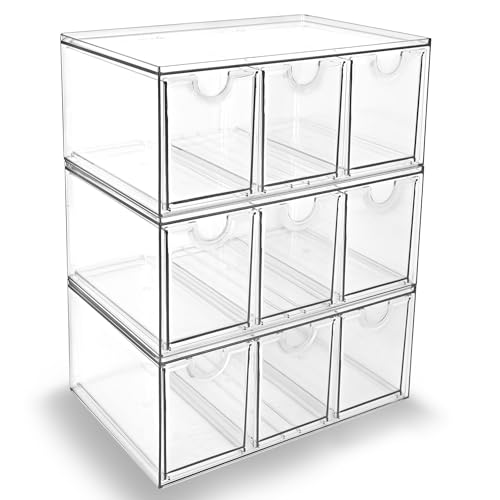 Prsildan Craft Art Supply Organizer Stackable Storage Drawer with 9 Drawers | Clear Acrylic, Tea Bag K Cup Organizer, for Kitchen Office Desk Vanity Makeup Organizer, 3 Pack - style: Style3-9Drawers