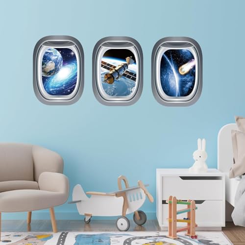 Quanhaigou Glow in The Dark 3D Space Wall Decals, Set of 3 Galaxy Window Stickers for Wall,Planet Themed Room Decor for Kids Boys - color: Window Outer Blue