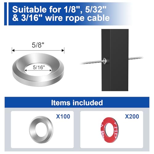 BLIKA 100Pack Cable Railing Adhesive Sleeves for 1/8" 5/32" 3/16" Wire Rope Cable, T316 Stainless Steel, 2.8mm Thickness Cable Railing Protector Adhesive Sleeves for Deck Stair Cable Railing Post Kits - size: Silver