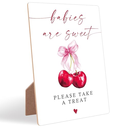 Cherry Baby Shower Signs for Reception, Pink Bow Babies Are Sweet Please Take A Treat Sign, Berry Wooden Signs with Stand, Pink Bow Theme Gender Reveal, Newborn Announcement Party Supplies, 13 - color: Cheery13