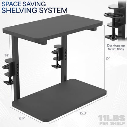VIVO Clamp-on 16 inch Flexible 2-Tier Shelving Unit for Table Accessories, Gaming Devices, and More, 4 Configuration Options, Desktop Organizer, Black, DESK-SHELF2CS
