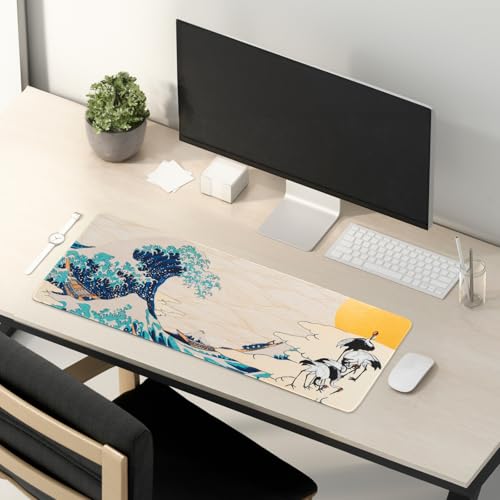 BELLEMOND Japanese Art Desk Mat | Large 31.5x11.8in Anime Mouse Pad for Keyboard & Mouse | Non-Slip Base, Water-Repellent | Original Japanese Design | Waves of Harmony - color: Waves of Harmony