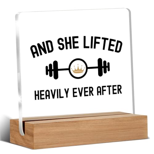 Gym Gifts for Women Gym Lovers, Fitness Gifts for Weightlifting Trainer Bodybuilding, And She Lifted Heavily Ever After Acrylic Plaque Desk Signs Decor 4 × 4 Inches - color: AND