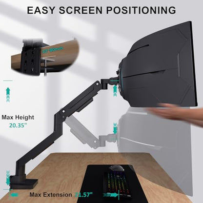 WALI Heavy Duty Single Monitor Arm for 13-49 inch 1000R Curved Screens, up to 44 Lbs, Adjustable Single Monitor Desk Mount with C-Clamp, Grommet Base, 75/100mm VESA Mount (GSM001XL), Black - size: 13" to 49"