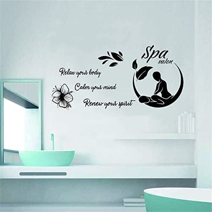 “Relax Your Mind, Body & Spirit” Wall Sticker 46"x23" – Removable PVC Decal for Spa, Sauna, Therapy Room or Beauty Salon – Uplifting Decor for Wellness Spaces (Black-JWH323-SPA)