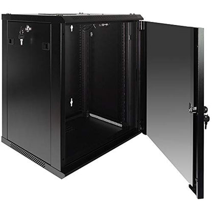 NavePoint 12U Server Rack Enclosure with Glass Door, Cooling Fan, Locks, & Removable Side Panels - 12U Wall Mount Network Cabinet 19 Inch Rack 17.7" Deep (450mm) - size: 12U