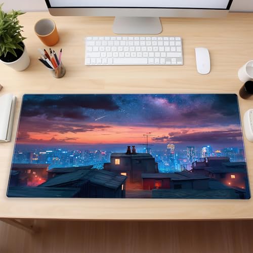 Extended Gaming Mouse Pad XL, Anime Desk Mat 31.5x15.7 in, Non-Slip Base | Ultra-smooth large mousepad featuring a cozy anime city night design. Perfect for mechanical keyboards and optical mice. - color: City starry night view