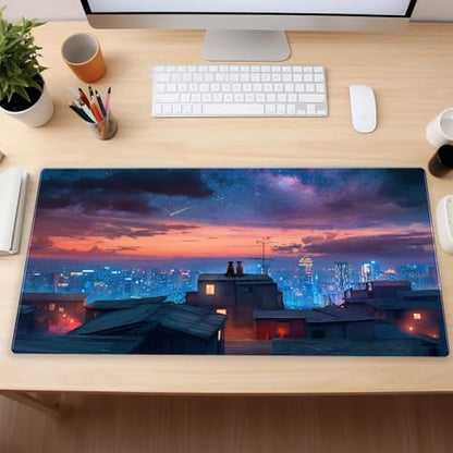 Extended Gaming Mouse Pad XL, Anime Desk Mat 31.5x15.7 in, Non-Slip Base | Ultra-smooth large mousepad featuring a cozy anime city night design. Perfect for mechanical keyboards and optical mice. - color: City starry night view