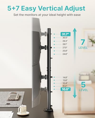 Pegzone Vertical Dual Monitor Mount for 17–34 Inch Screens, Stacked Monitor Stand, Holds up to 33 lbs per Arm, 33.1" Extra Tall Pole, Full Motion Height Adjustable Mount, 75/100 VESA, Clamp & Grommet