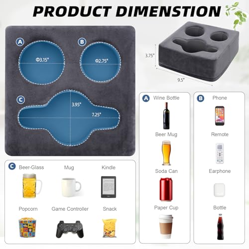 G GOOD GAIN Couch Cup Holder Pillow, Spill-Proof Sofa Drink Cup Holder & Multi-Use Organizer for Sofa, Bed, Car, Beach - Holds Mugs, Phone, Snacks, Remote Control, KeepTemp Design (Grey) - color: Gray, size: 9.5 x 9.5 inches