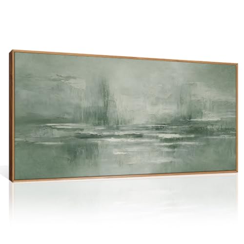 HPNIUB Large Abstract Sage Green Framed Canvas Wall Art Set,Vintage Neutral Brush Stroke Wall Decor, Minimalist Lake Landscape Artwork for Living Room,Bedroom,Office -20"x40"x1 - color: Abstract Sage Green Wall Art, size: 40"L x 20"W
