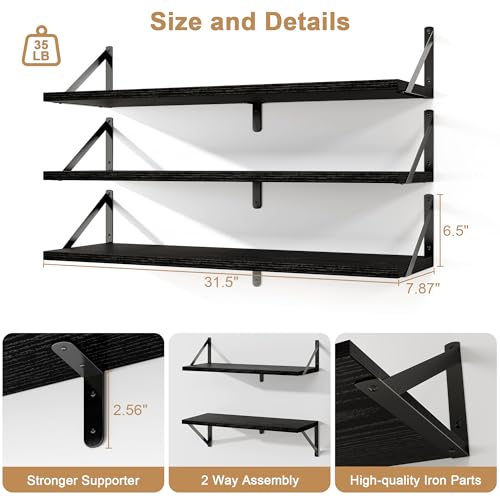 Fun Memories Floating Shelves, 32 x 8 Inches, Set of 3 Wall-Mounted Bookshelves with Metal Brackets, Decorative Storage for Home and Office (Black) - color: Black, size: 32"W x 8"D