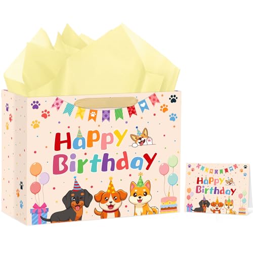 Hooqict Large Dog Gift Bag Dog Birthday Gift Bag with Handles, Tissue Paper, Greeting Card for Kids Boys Girls Pet Puppy Themed Birthday Party Decorations Supplies - color: Dog