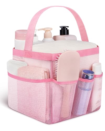 Attmu Mesh Shower Caddy Portable for College Dorm Room Camping Essentials, Shower Caddy Dorm with 9-Pockets, Large Capacity Hanging Basket Bathroom Bag for Toiletry, Swimming, Gym, Camp, Beach - color: Light Pnk