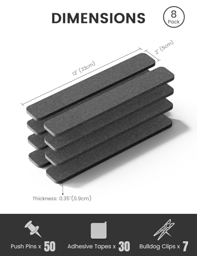 Fluxynara Cork Board Alternative Felt Strip Board 8-Pack 13"x2", Office Pin Board with 50 Push Pins, Adhesive Install for Bedroom Door & Home Office (Charcoal Gray) - color: Charcoal Gray, size: 8-pack